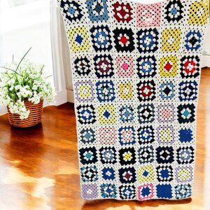 Vintage Granny Square Retro Crochet Afghan Handmade  Grandmacore Throw Blanket